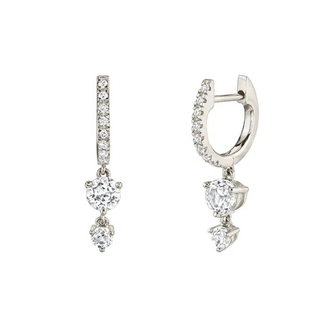 A pair of Sienna Huggie Hoop Drop Earrings in white or clear color gemstones, in silver-tone settings displayed on white background.