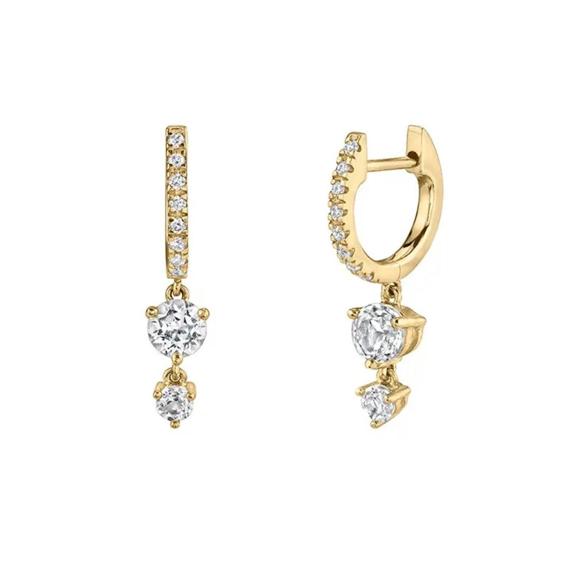 A pair of Sienna Huggie Hoop Drop Earrings in clear gemstones, in gold-tone settings displayed on white background.