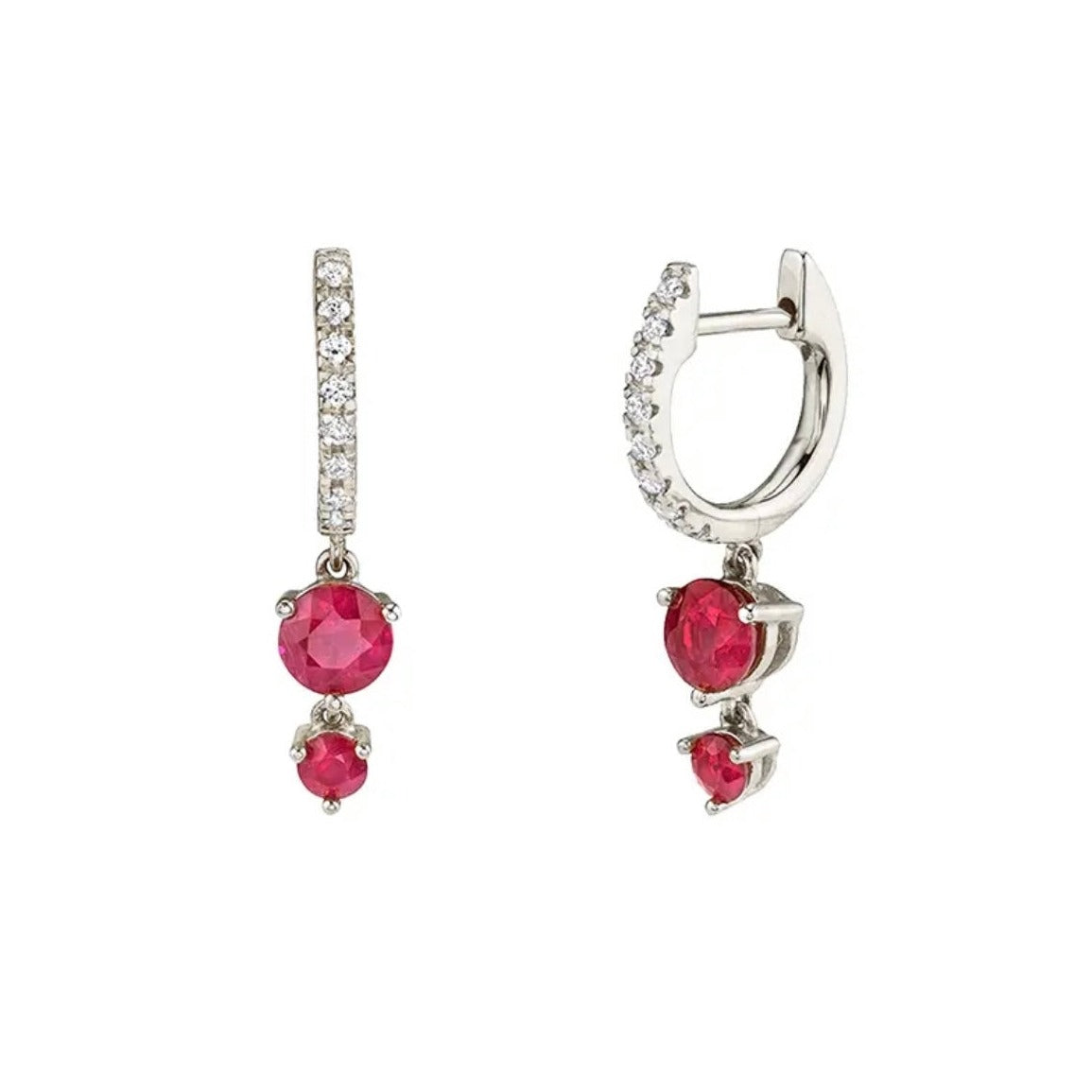 A pair of Sienna Huggie Hoop Drop Earrings in red color gemstones, in silver-tone settings displayed on white background.