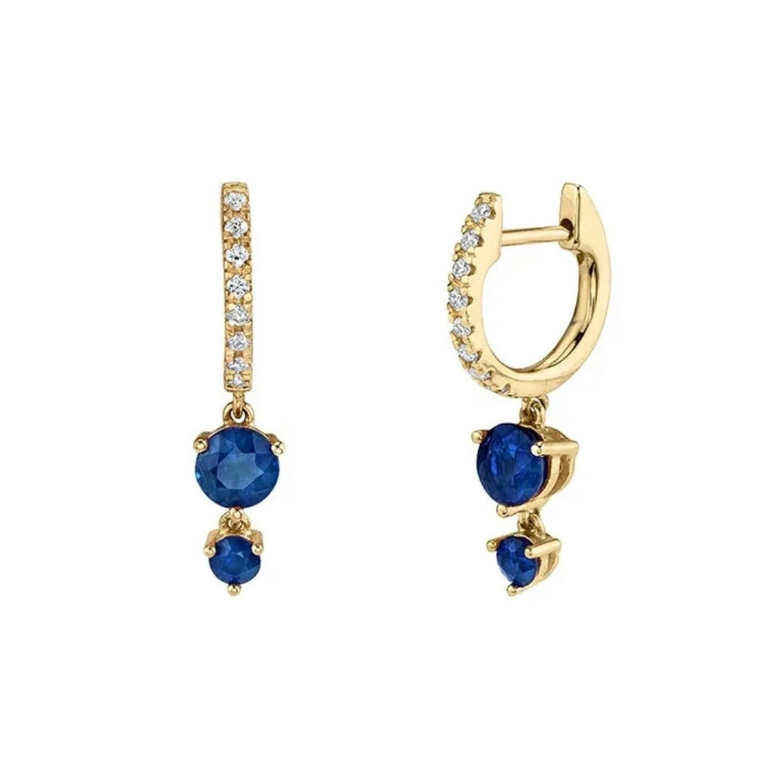 A pair of Sienna Huggie Hoop Drop Earrings in blue color gemstones, in gold-tone settings displayed on white background.