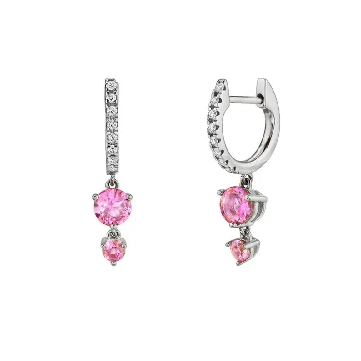 A pair of Sienna Huggie Hoop Drop Earrings in pink color gemstones, in silver-tone settings displayed on white background.