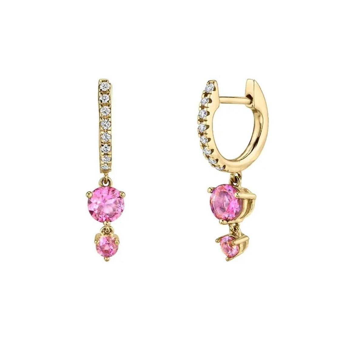 A pair of Sienna Huggie Hoop Drop Earrings in pink color gemstones, in gold-tone settings displayed on white background.