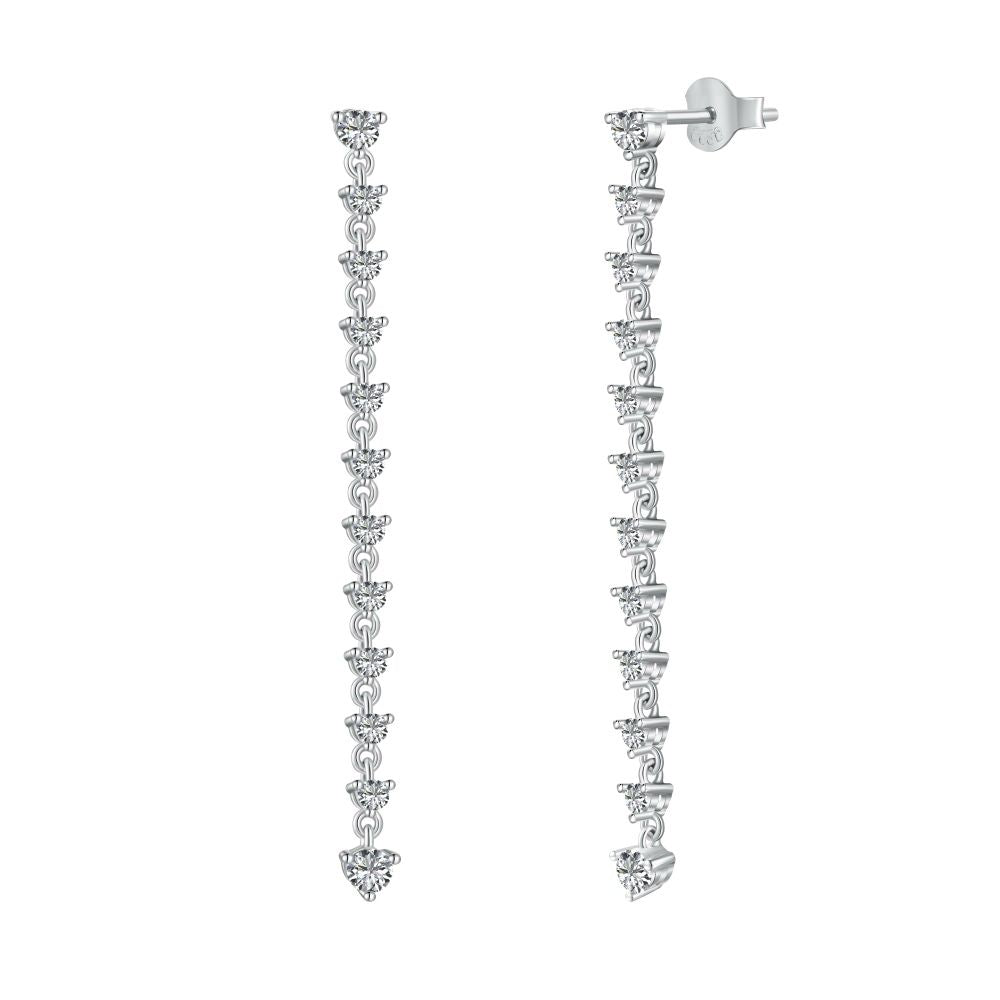 A pair of long drop earrings featuring a series of clear cubic zirconia stones set in sterling silver.