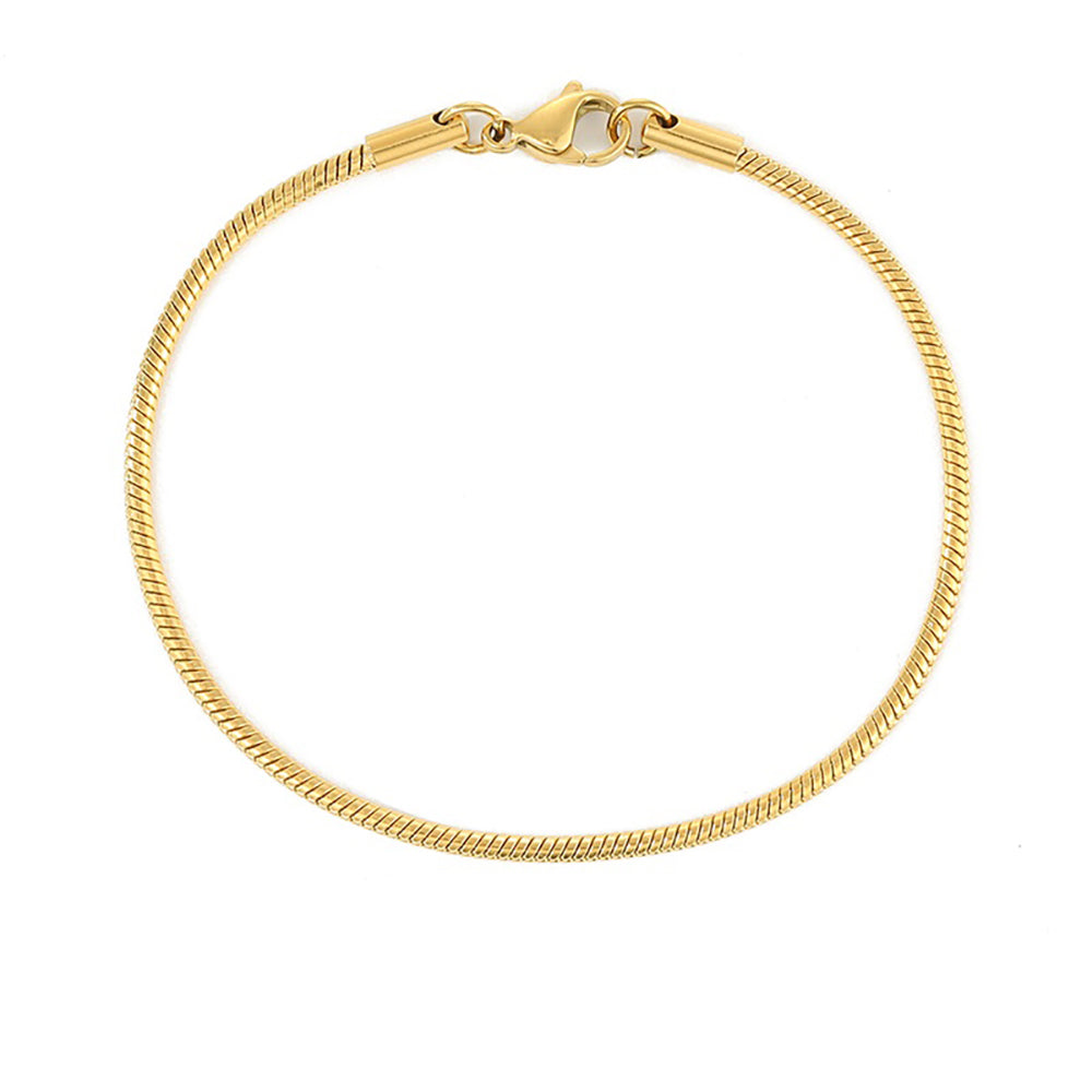 A gold-colored snake chain bracelet with a lobster clasp.