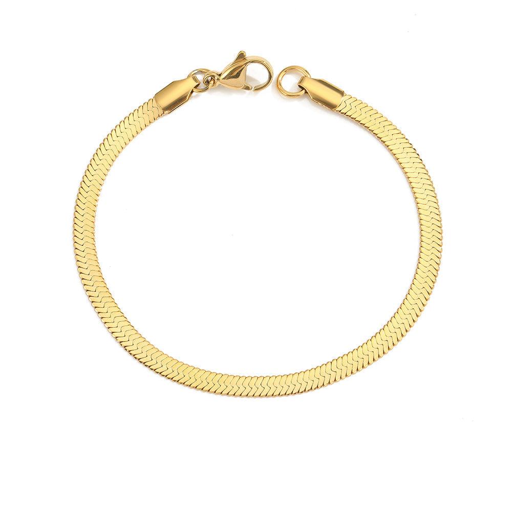 A gold-colored snake chain bracelet with a lobster clasp.