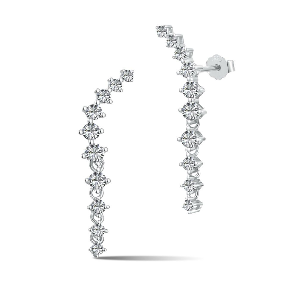 A pair of sophisticated drop earrings featuring a series of cubic zirconia stones set in a hoop design, crafted from 925 Sterling Silver.