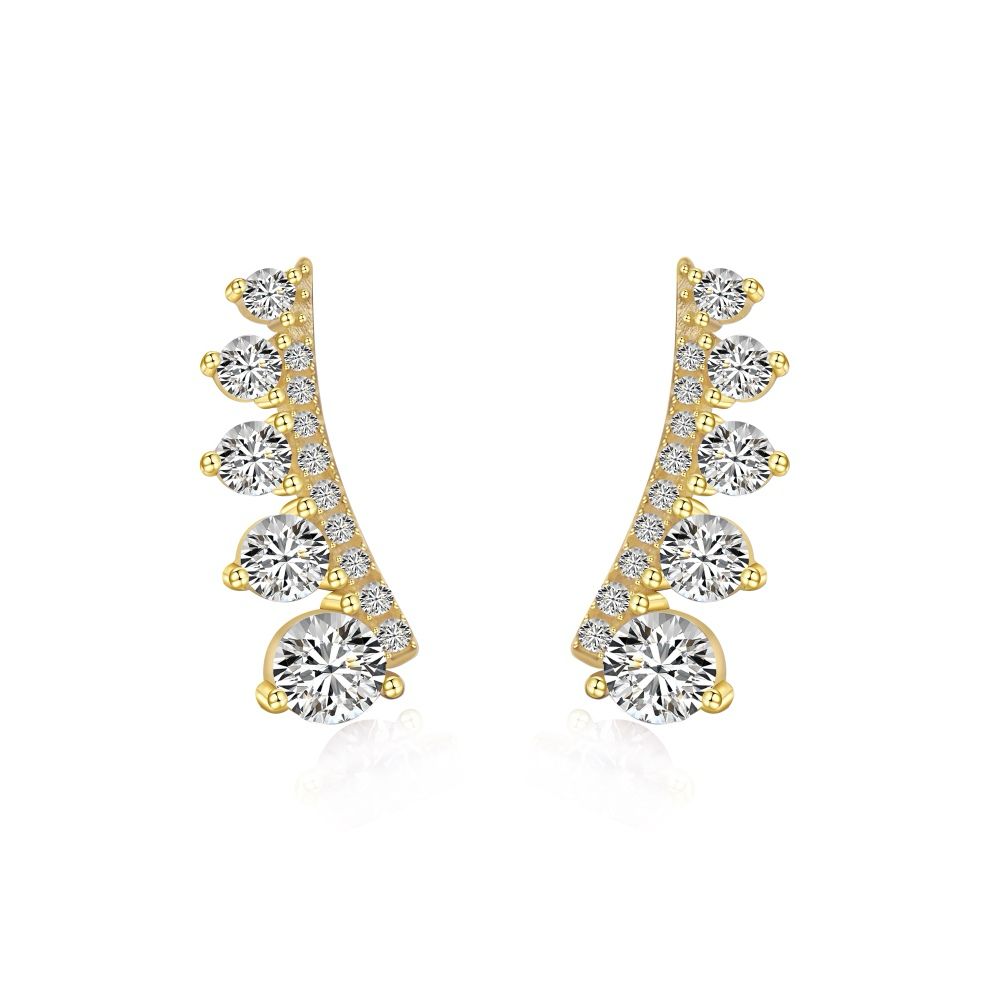 A pair of gold-colored Stone Row earrings featuring multiple round cut clear stones set in a row on a white background.