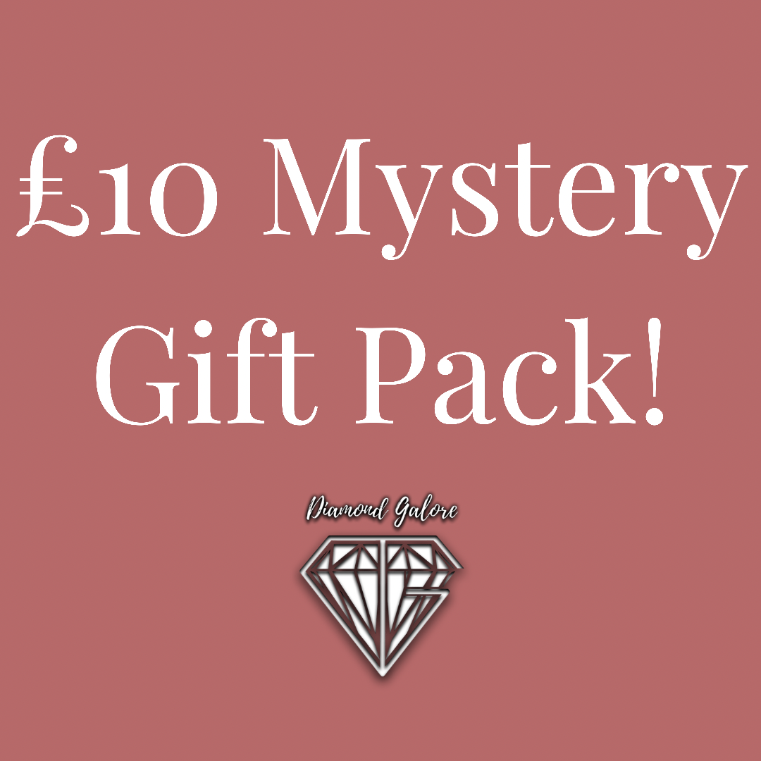 Promotional image for a £10 mystery gift pack featuring text and a diamond galore logo against a pink background, indicating a sterling silver stud earrings gift pack.