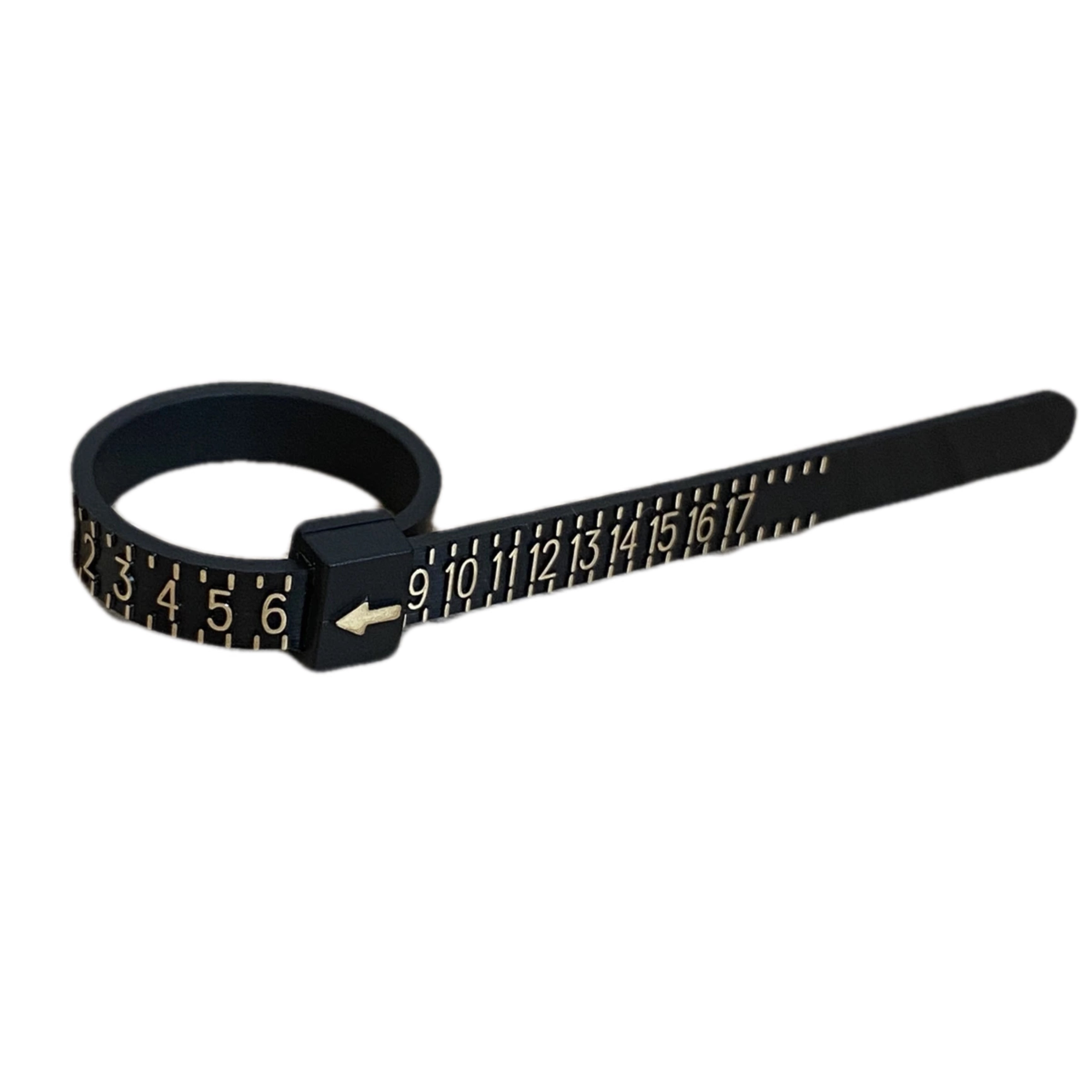 A black ring size measuring tool with gold-colored numerals and a sliding scale.
