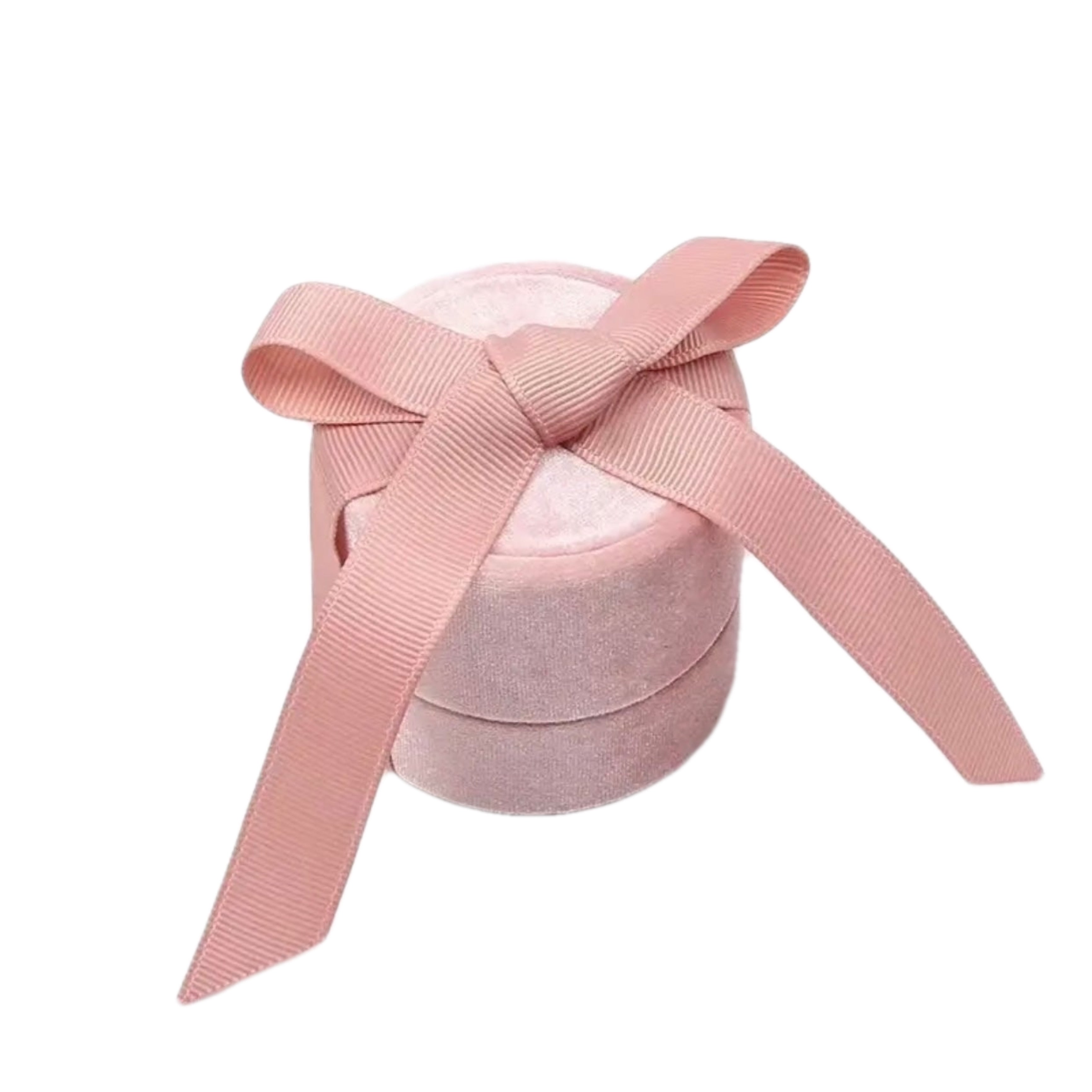A pink velvet gift box with a ribbon bow.